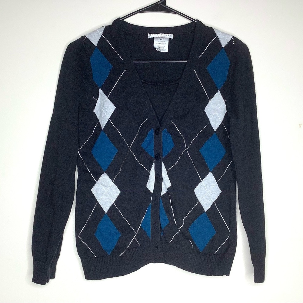 < Vintage Fred David Layered Argyle Cardigan Sweater >